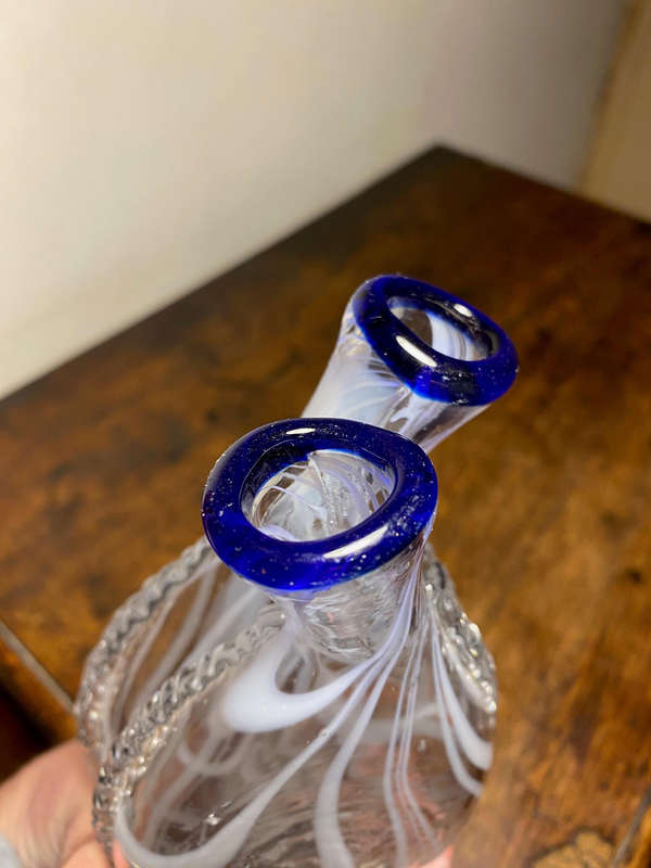 Gemel Double Flask Glass Bottle White & Blue Nailsea Type Antique Blown Glass