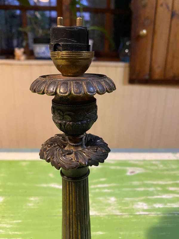 Solid Bronze Corinthian Pillared Candlestick Lamp Conversion Base, circa 1840