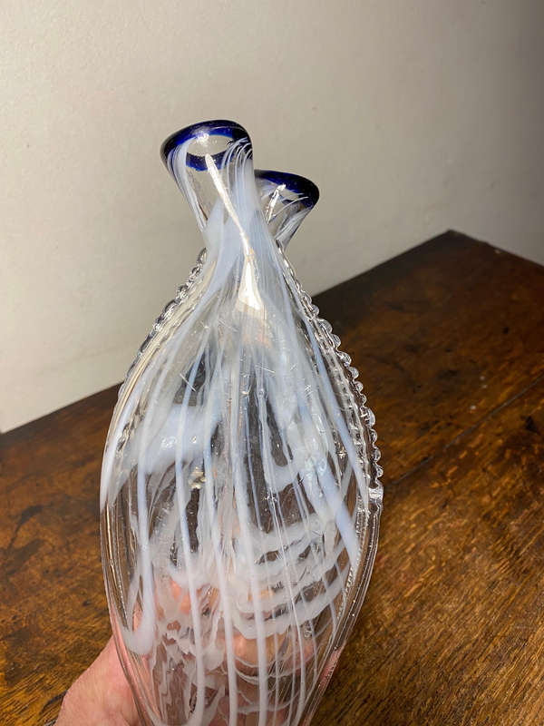 Gemel Double Flask Glass Bottle White & Blue Nailsea Type Antique Blown Glass