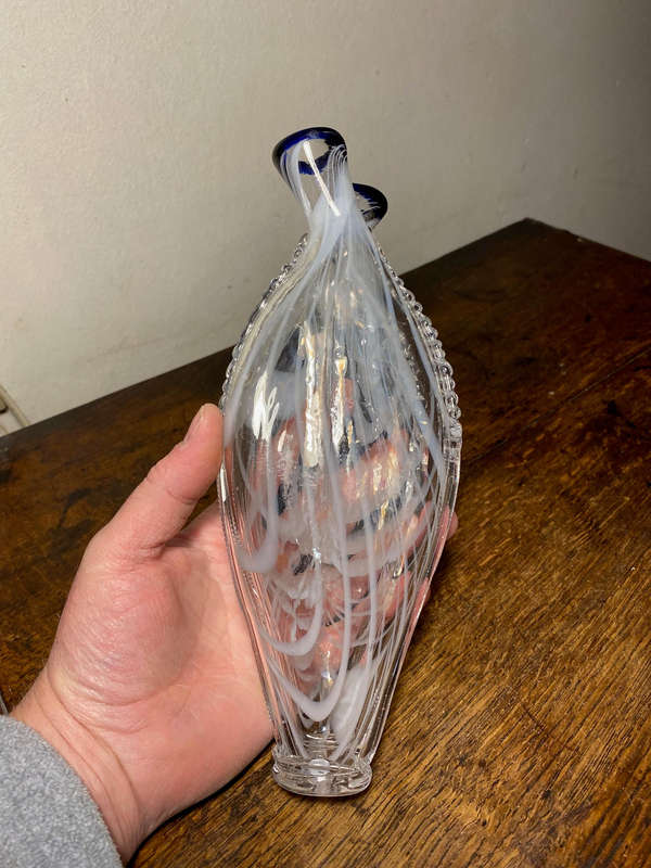 Gemel Double Flask Glass Bottle White & Blue Nailsea Type Antique Blown Glass