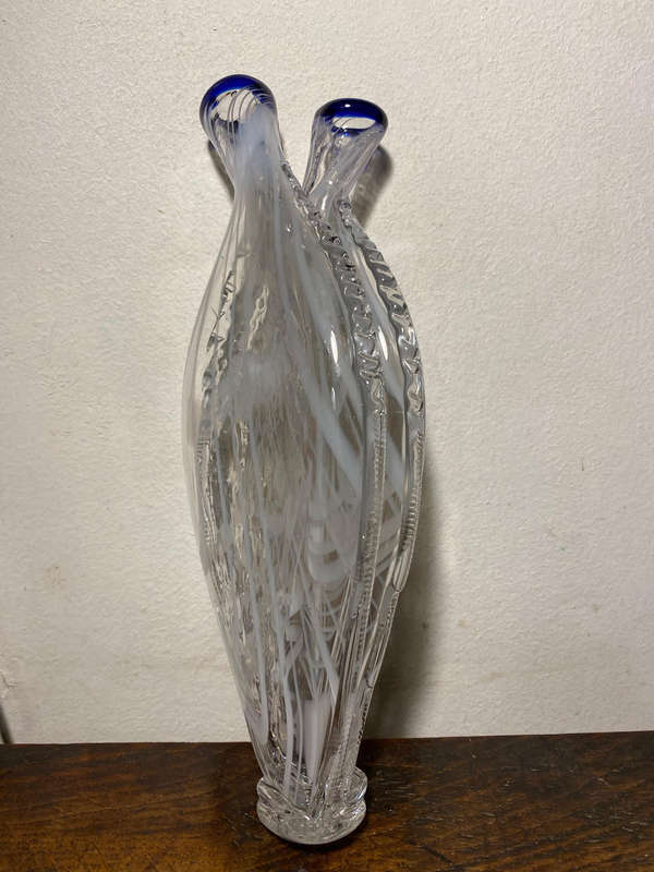 Gemel Double Flask Glass Bottle White & Blue Nailsea Type Antique Blown Glass