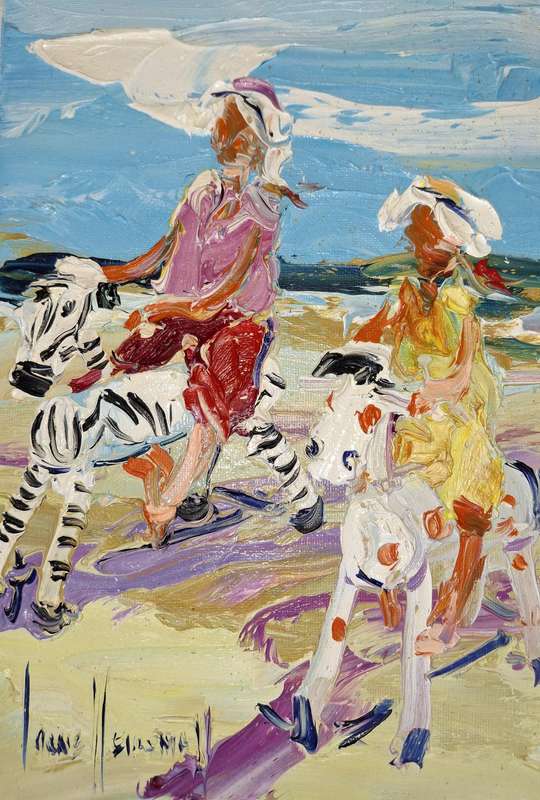 CORNE' WEIDEMAN - "DOODLES (UNFRAMED) : TWO GIRLS ON ROCKING HORSE" 300 mm x 200 mm