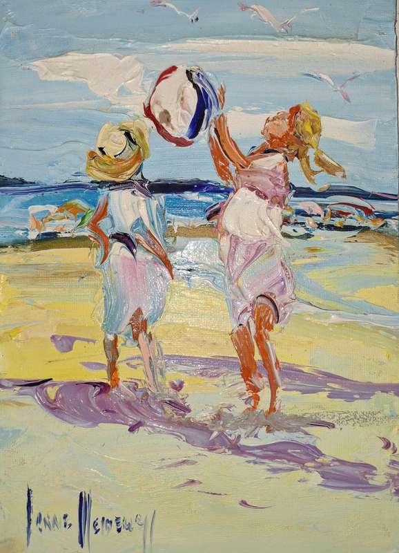 CORNE' WEIDEMAN - "DOODLES (UNFRAMED) 300 mm x 200 mm : GIRLS PLAYING WITH BALL"