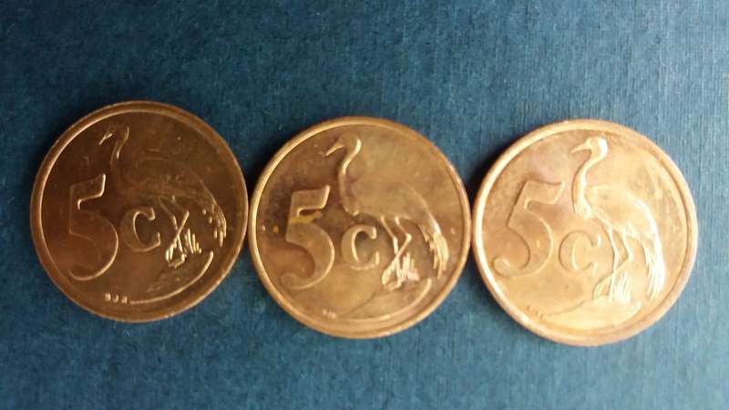 South Africa 1997, 1998 & 1999 5c * 3 x coins* Condition AU/UNC