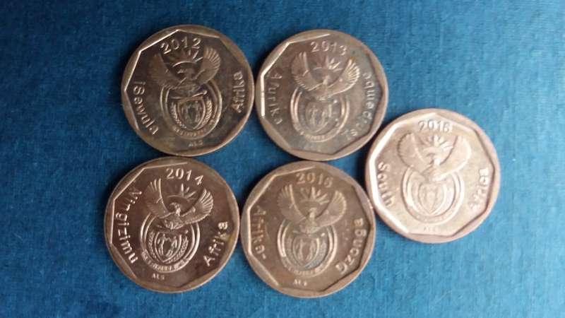 South Africa 2012, 2013, 2014, 2015 & 2016 10 cent * 5 x coins * Condition AU/UNC
