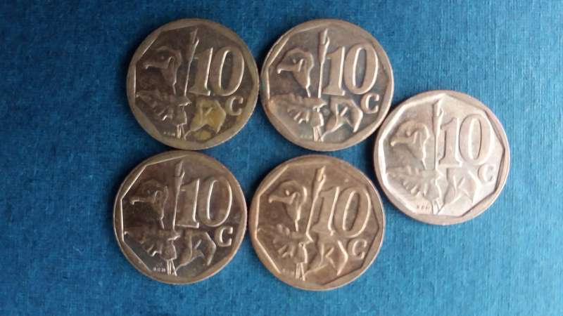 South Africa 2012, 2013, 2014, 2015 & 2016 10 cent * 5 x coins * Condition AU/UNC