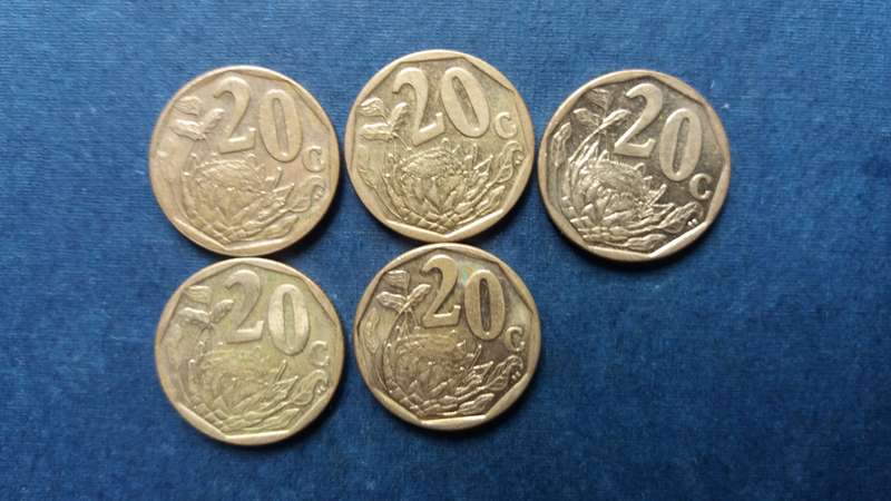 South Africa 2015, 2016, 2017, 2018 & 2019 20 cent * 5 x coins*