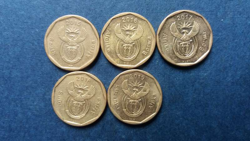 South Africa 2015, 2016, 2017, 2018 & 2019 20 cent * 5 x coins*