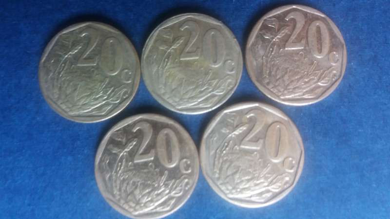 South Africa 2015, 2016, 2017, 2018 & 2019 20 cent * 5 x coins*
