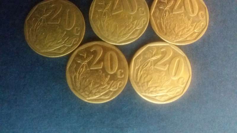 South Africa 2015, 2016, 2017, 2018 & 2019 20 cent * 5 x coins*