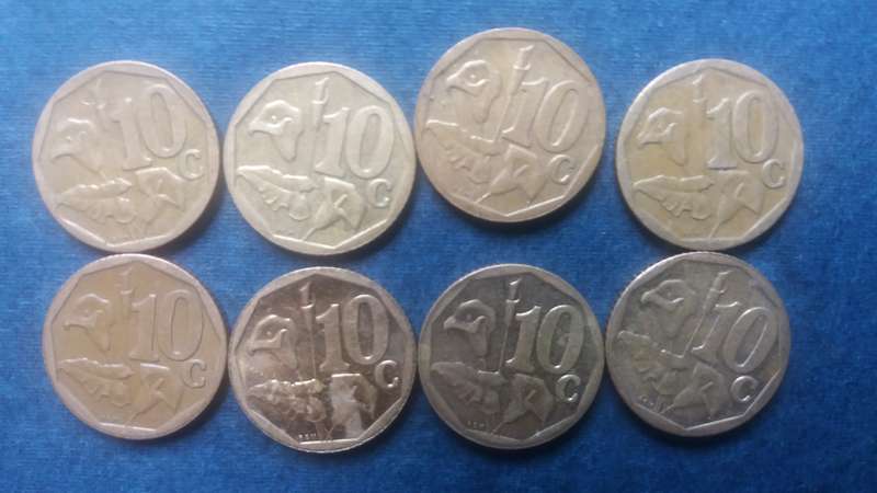 South Africa 2001, 2002, 2004, 2005, 2007, 2008, 2009 & 2010 10 cent * 8 x coins * Condition AU/UNC