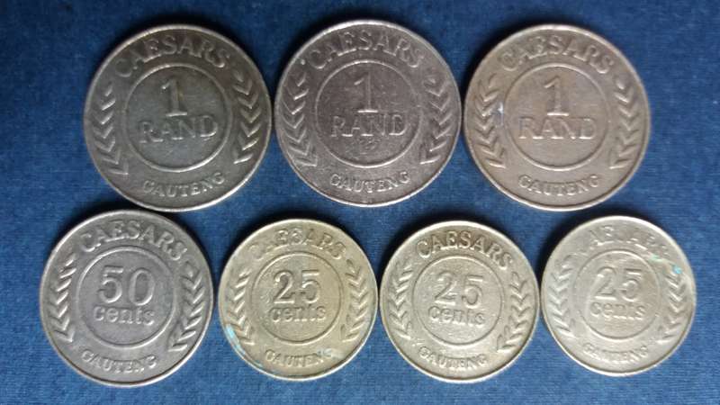 Caesars Casino Token - Gauteng  3 x R1, 1 x 50 cent & 3 x 25 cent