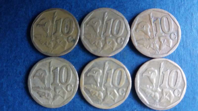 South Africa 2001, 2005, 2007, 2008, 2009 & 2010 10 cent * 6 x coins*