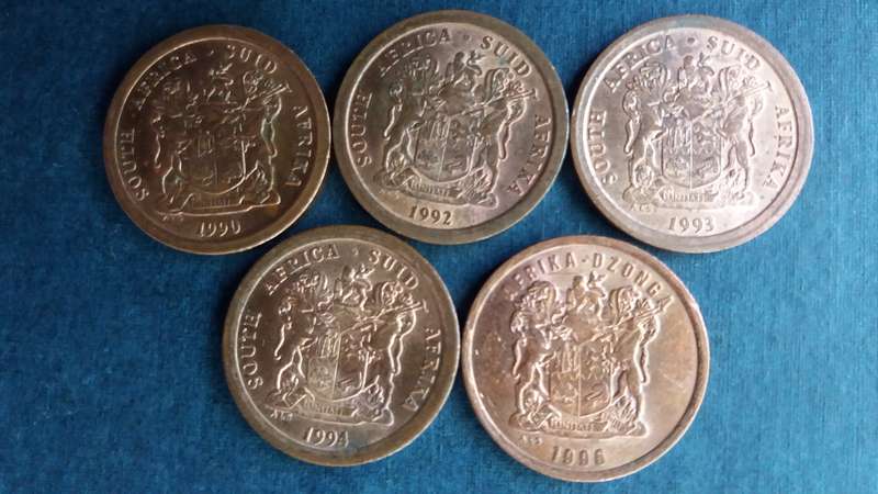 South Africa 1990, 1992, 1993, 1994 & 1996 5c * 5 x coins* Condition AU/UNC