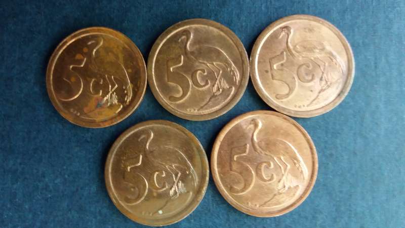 South Africa 1990, 1992, 1993, 1994 & 1996 5c * 5 x coins* Condition AU/UNC