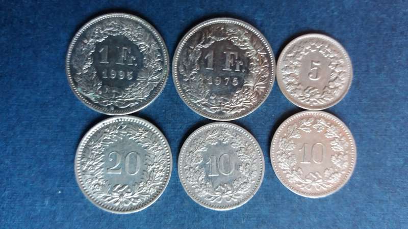 Switzerland Swiss Francs lot x 6 coins * 2 swiss franc & 45 rappens  R50*