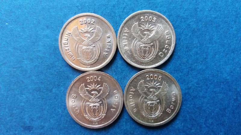 South Africa 2002, 2003, 2004 & 2005 5 cent * 4 x coins*
