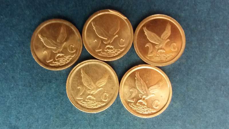 South Africa 1991, 1993, 1994, 1995, 1996 2 cent * 5 x coins* Condition AU