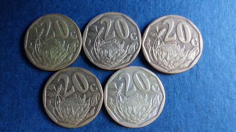 South Africa 2015, 2016, 2017, 2018 & 2019 20 cent * 5 x coins*