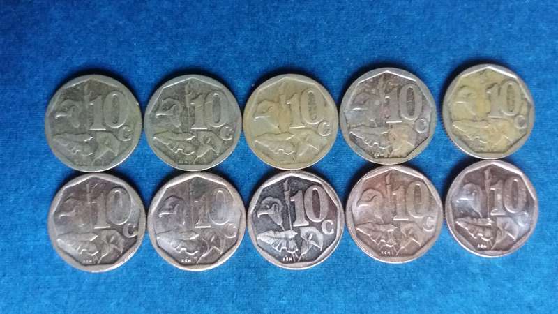 South Africa 2012, 2014 to 2022 10 cent * 10 x coins * Condition AU/UNC