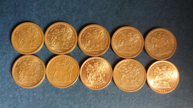 South Africa 1990, 1991, 1992, 1993, 1994, 1995, 1996, 1997, 1998 & 1999 5c * 10 x coins