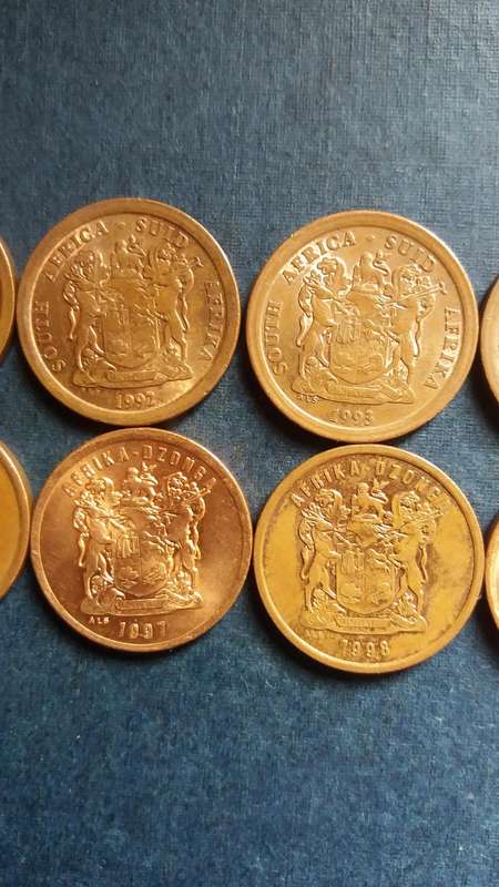 South Africa 1990, 1991, 1992, 1993, 1994, 1995, 1996, 1997, 1998 & 1999 5c * 10 x coins