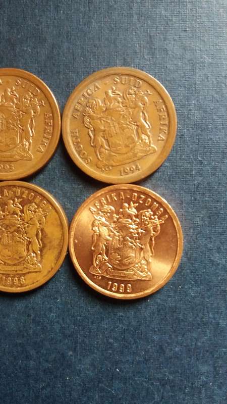 South Africa 1990, 1991, 1992, 1993, 1994, 1995, 1996, 1997, 1998 & 1999 5c * 10 x coins