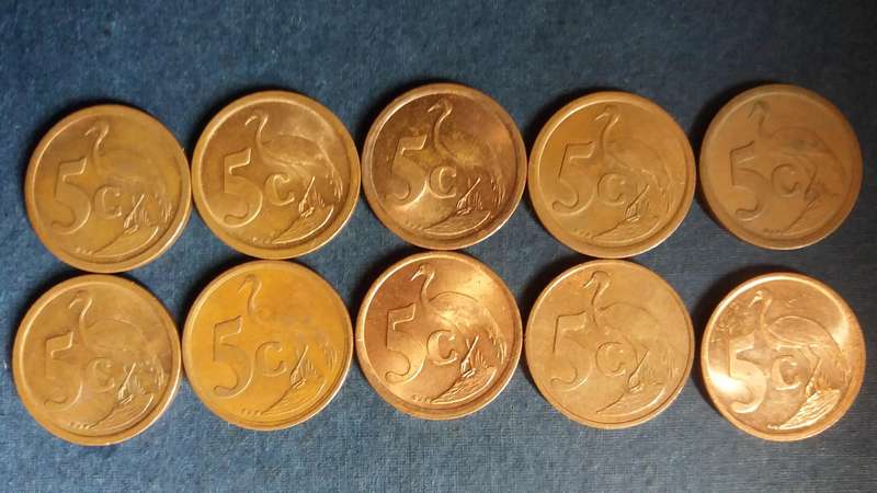 South Africa 1990, 1991, 1992, 1993, 1994, 1995, 1996, 1997, 1998 & 1999 5c * 10 x coins