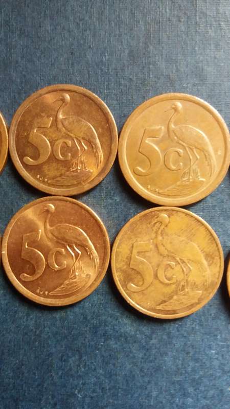 South Africa 1990, 1991, 1992, 1993, 1994, 1995, 1996, 1997, 1998 & 1999 5c * 10 x coins