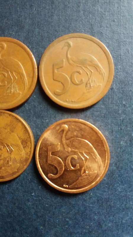 South Africa 1990, 1991, 1992, 1993, 1994, 1995, 1996, 1997, 1998 & 1999 5c * 10 x coins
