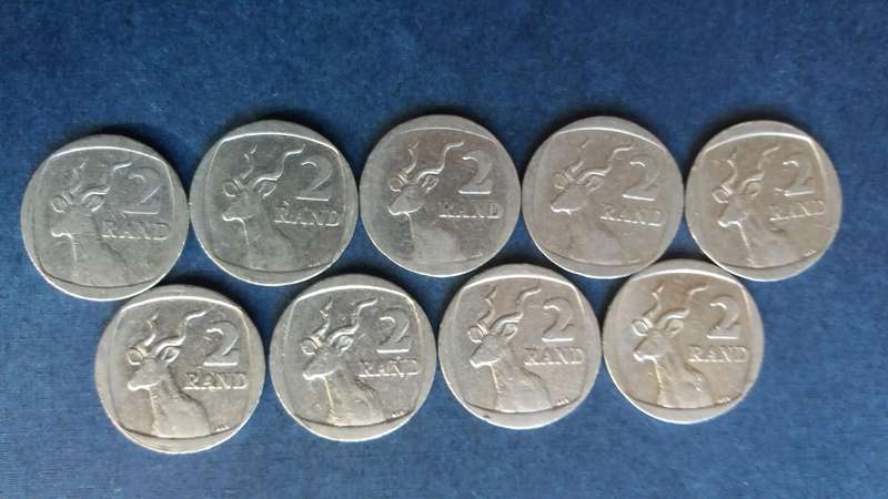South Africa 1998, 1999, 2000, 2002, 2003, 2004, 2005, 2007 & 2008 R2 * 9 x coins*