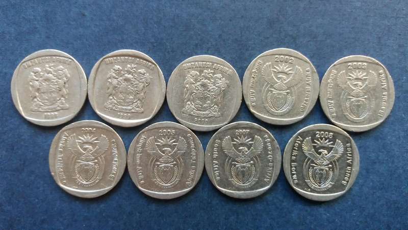 South Africa 1998, 1999, 2000, 2002, 2003, 2004, 2005, 2007 & 2008 R2 * 9 x coins*