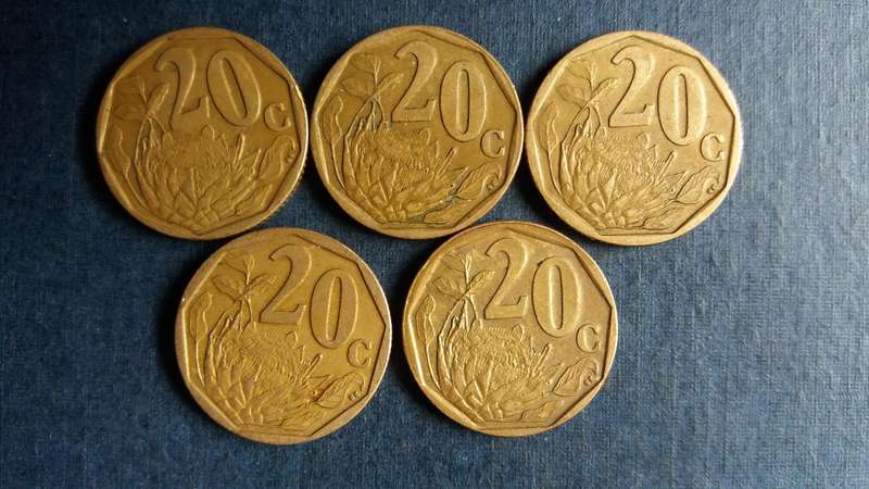 South Africa 2004, 2005, 2006, 2007 & 2008 20 cents * 5 x coins*