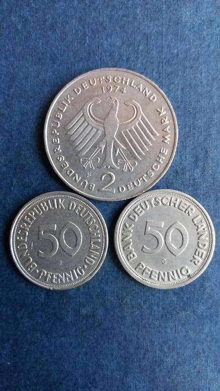 Federal Republic of Germany 1974 2 Deutsche Mark, 1949 & 1950 50 Pfennig * 3 x coins*