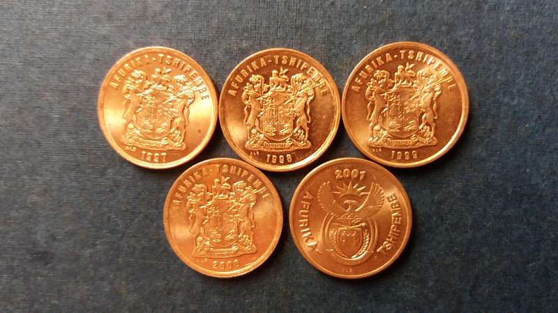 South Africa 1997, 1998, 1999, 2000 & 2001 2 cent *5 x coins*