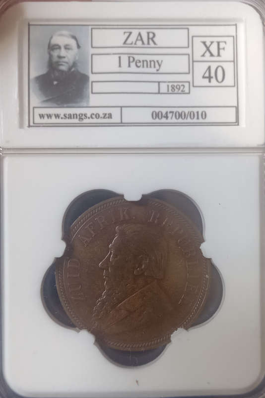 1892 ZAR 1 PENNY XF40 GRADED BY SANGS