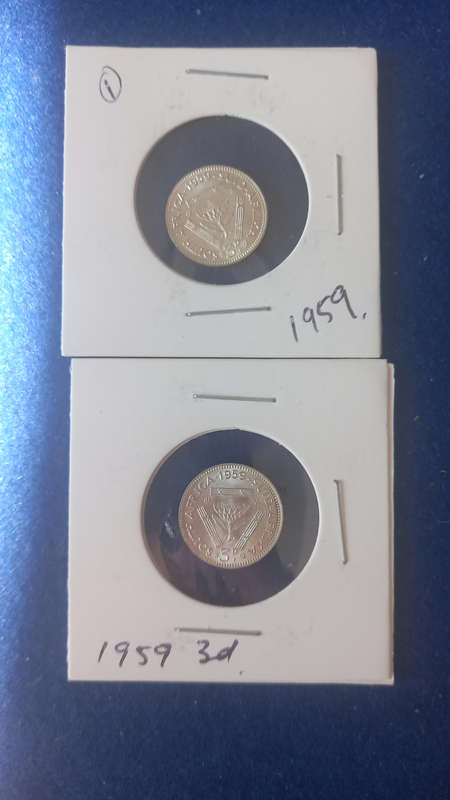 2 x 1959 SILVER 3 PENCE COINS. ONE BID TAKES ALL