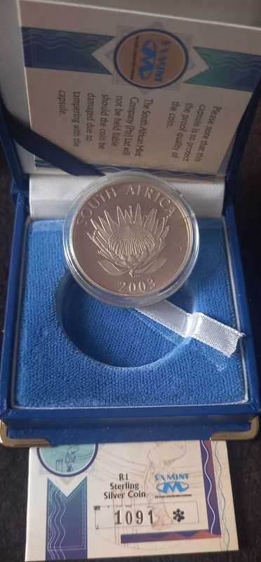 2003 PROTEA R1 CRICKET SERIES WITH CERTIFICATE OF AUTHENTICATION .  SILVER IN SA MINT BOX