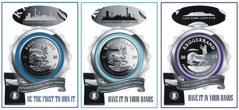 *#*2023/2024/2025 Silver Proof 1oz Krugerrands with Cape Town & Johannesburg Coin Fair Mint marks*#*