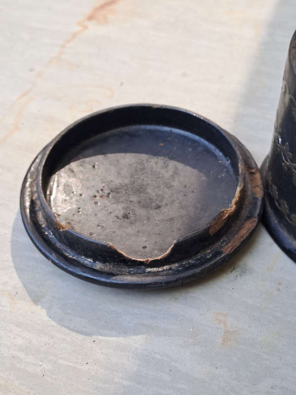 PAPER MACHE BOX LIDDED powder POT ANTIQUE VICTORIAN C1880 with antique hair pins