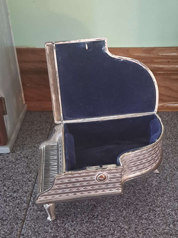 Unique vintage piano jewelry box with blue velvet inner