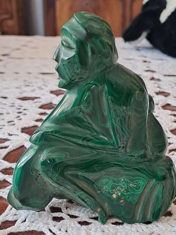 vintage Malachite statue quite unusual possibly mother with baby on back