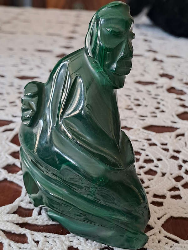 vintage Malachite statue quite unusual possibly mother with baby on back