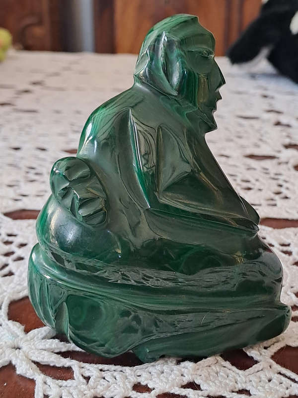 vintage Malachite statue quite unusual possibly mother with baby on back