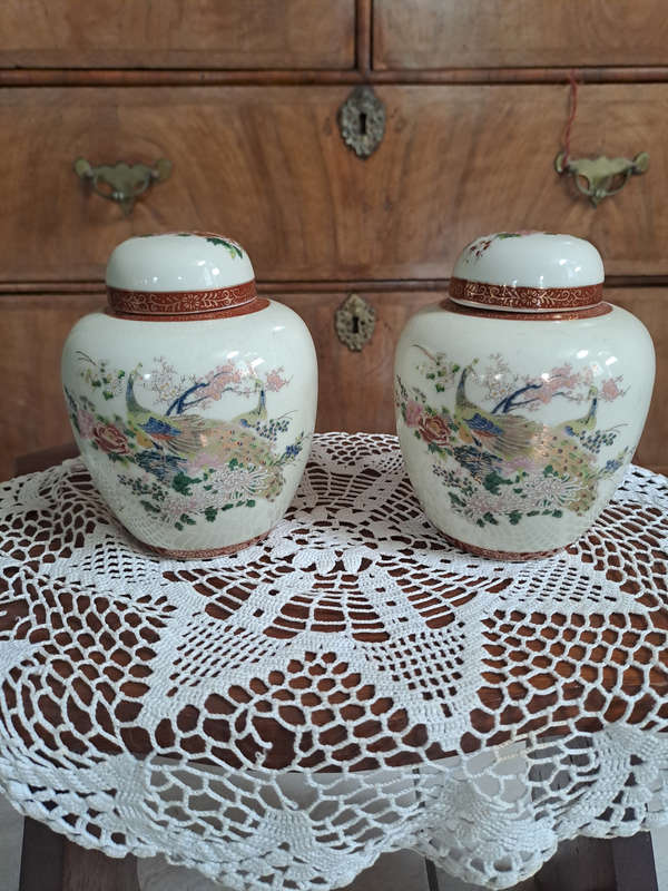 Pair Japan Satsuma  Ginger Jars Urns With Lid Peacock Peonies Arnart