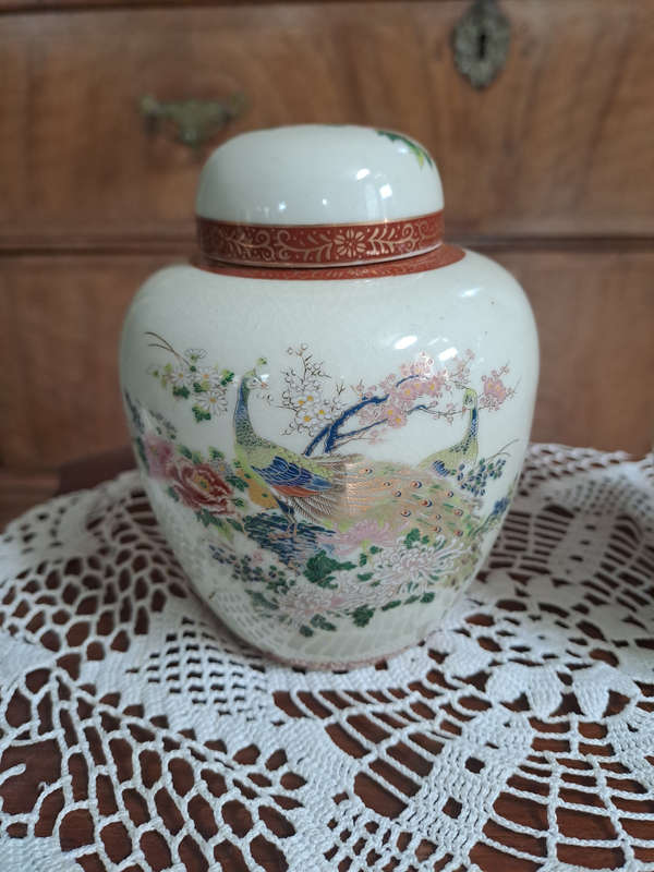 Pair Japan Satsuma  Ginger Jars Urns With Lid Peacock Peonies Arnart
