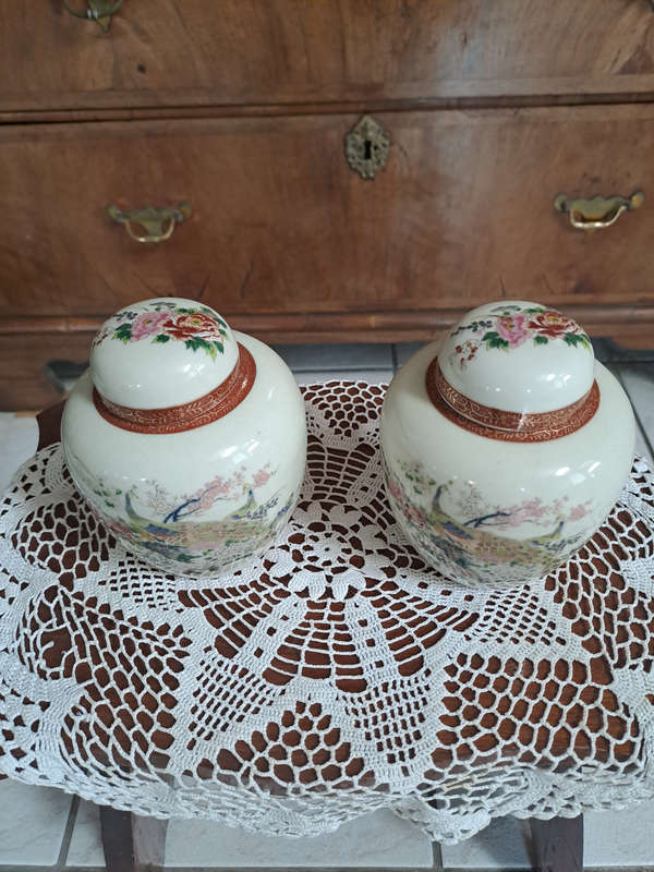 Pair Japan Satsuma  Ginger Jars Urns With Lid Peacock Peonies Arnart