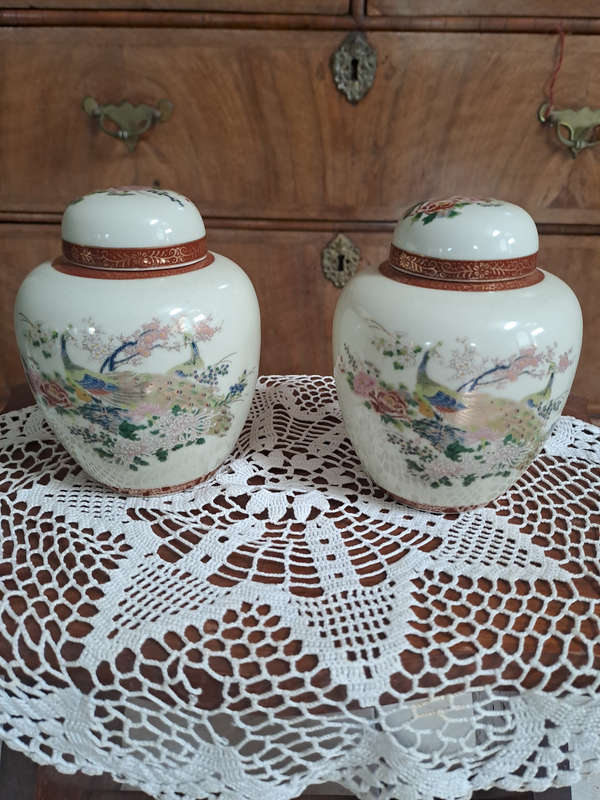 Pair Japan Satsuma  Ginger Jars Urns With Lid Peacock Peonies Arnart