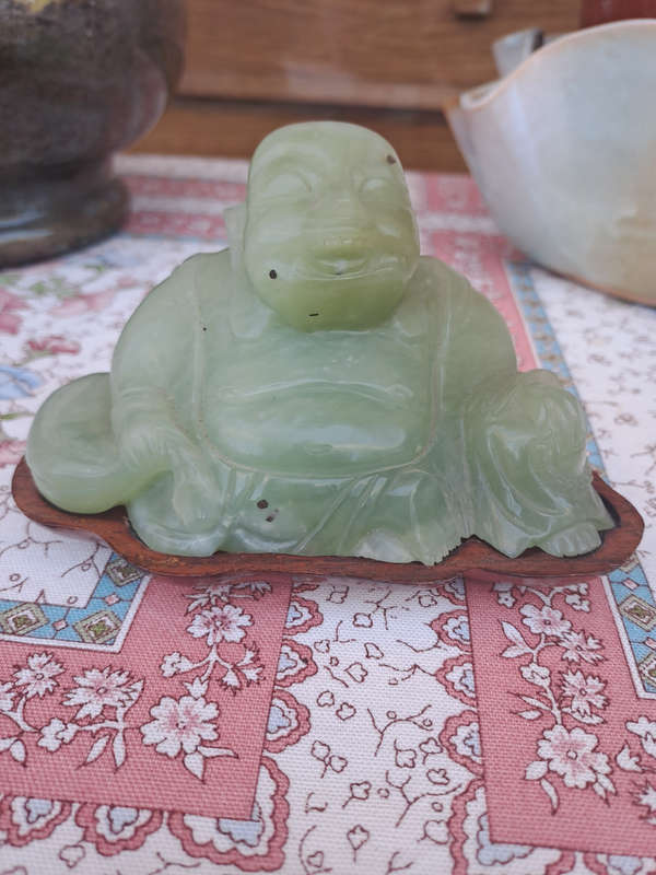 Chinese jade stone laughing buddha on wood base