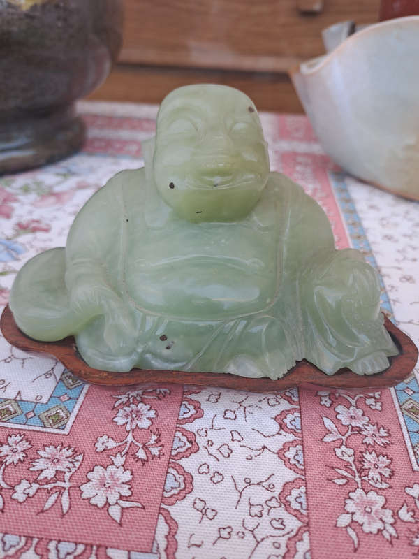 Chinese jade stone laughing buddha on wood base